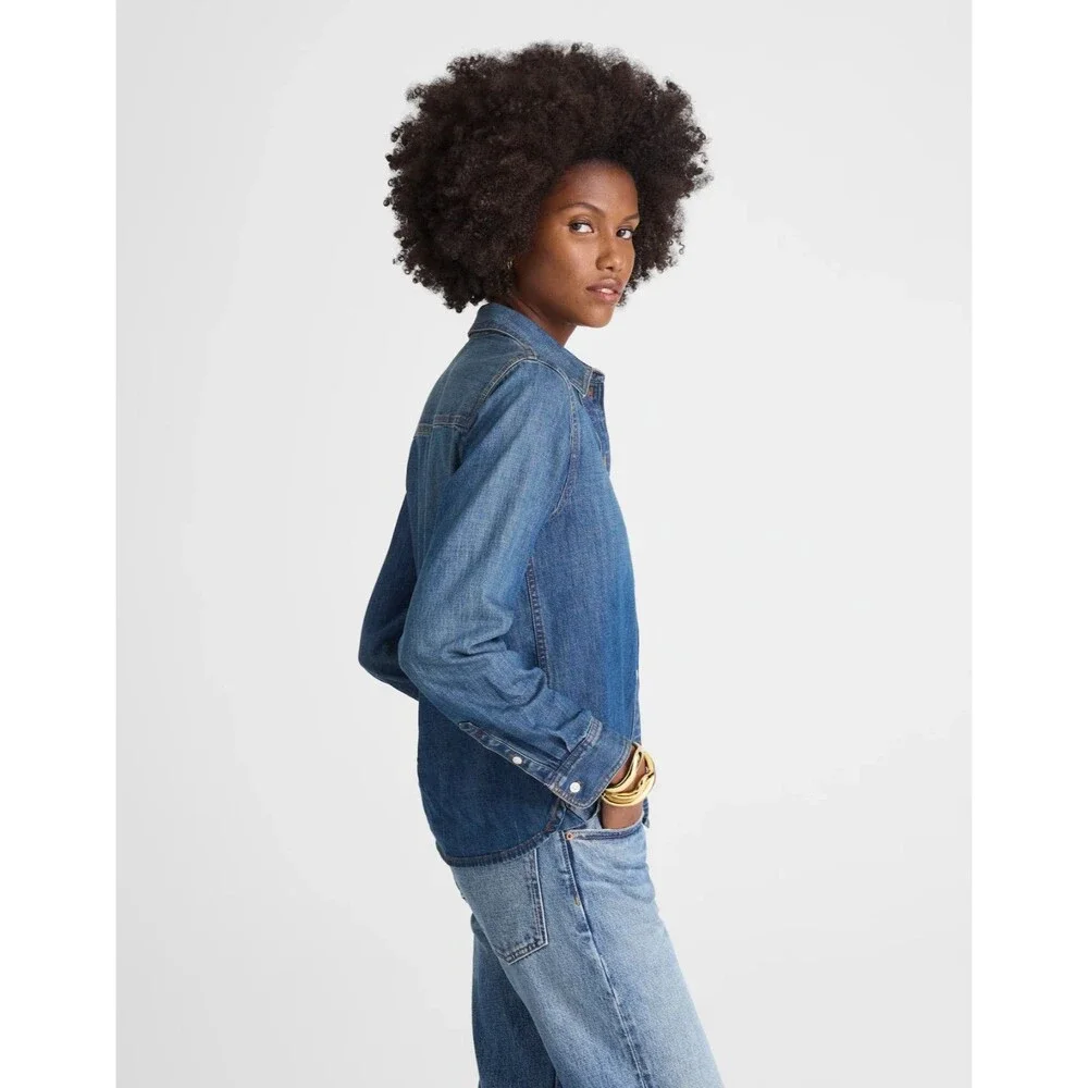 Madewell XS Tuckable Denim Shirt in Greendale Wash Cotton Button Up Blue NWT - Picture 2 of 14